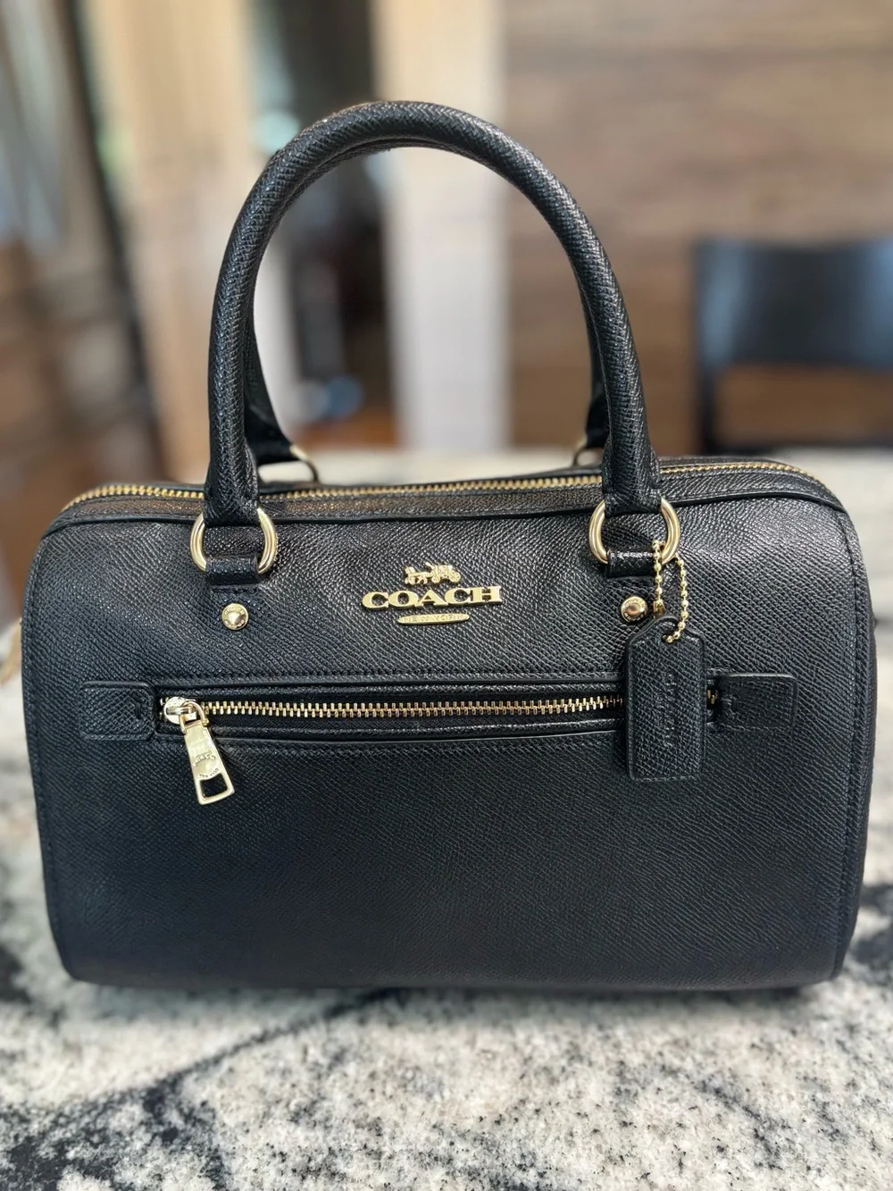 Coach Medium Rowan Black Leather Satchel with Gold-Hardware and Crossbody strap